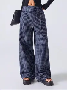 Women's Plaid Print Bow Front Wide Leg Pants, Casual Comfort Elastic Waist Pockets, All-Season Daily Wear, Loose Fit Long Trousers