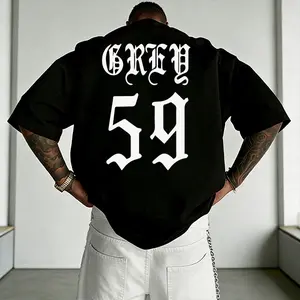 Vintage Gothic font “GREY 59” printed T-shirt, oversized loose fit, heavyweight pure cotton—breathable and comfortable. White tee with black print is super eye‑catching; a versatile street‑cool style for men!