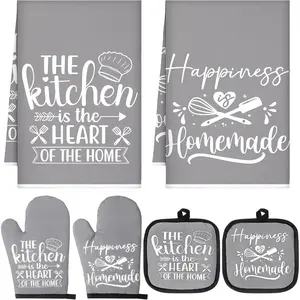 6 Pcs Kitchen Decor Accessories Set Farmhouse Towels Pot Holders Oven Mitts Set 2 Dish Towels 2 Potholders 2 Cooking Mittens Oven Glove for Baking Cooking Supply(Gray,Kitchen) Bakeware