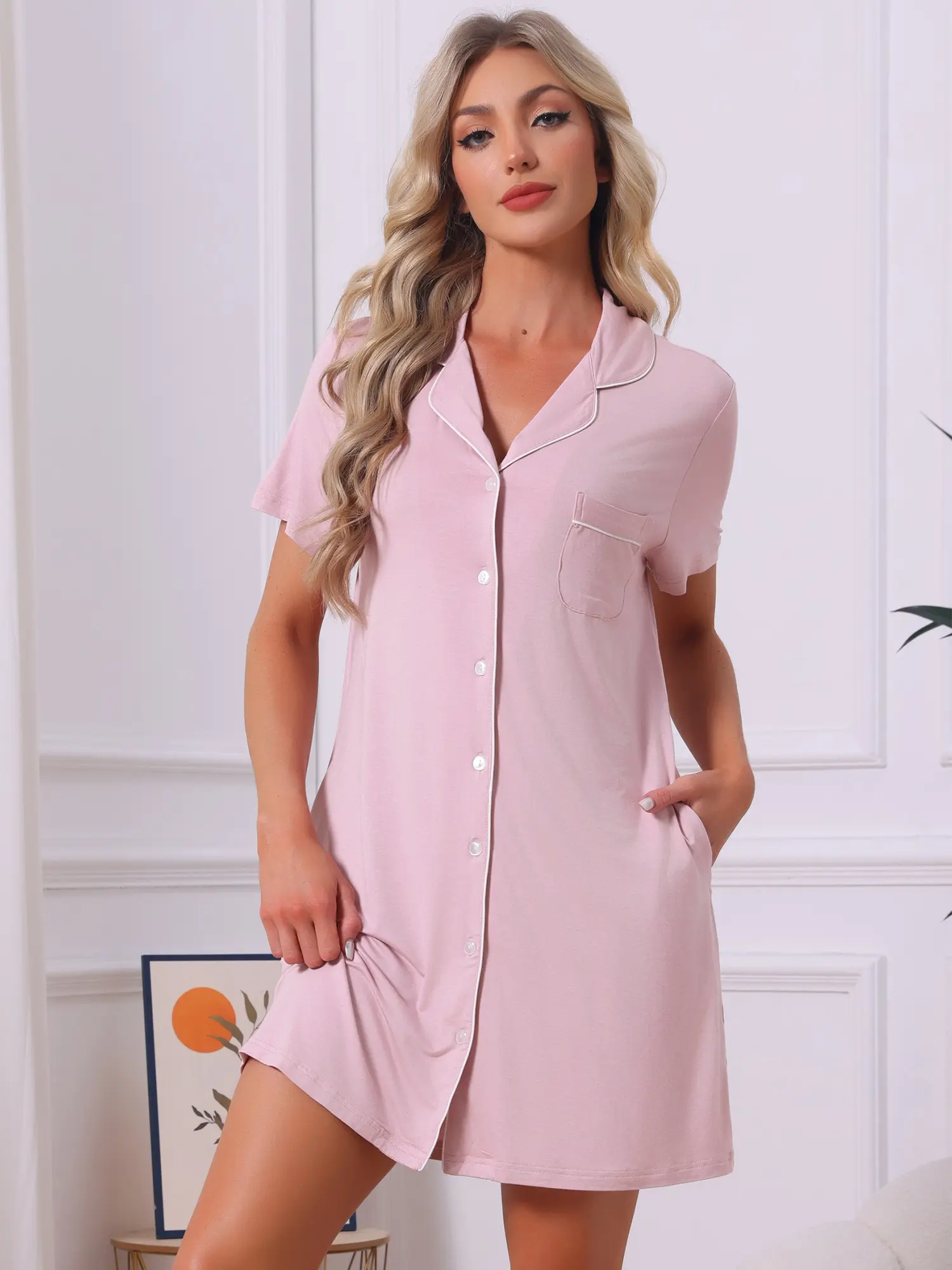 INSPIRE CHIC Women's Nightgowns Button Down Short Sleeve Sleep Shirts Nightshirt Pajama Dress with Pockets