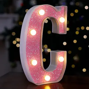 LED Letter Lights Pink Glitter Marquee Letters Light Up Alphabet Letters Sign Battery Powered for Home Party Decoration Night Bar Wedding Birthday Christmas Lamp Girls Gift - Letter C