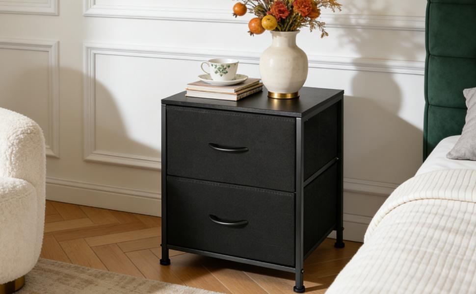 Minimalist Fabric Nightstand with 2 Drawers - Rectangular House Furniture, Small Metal-Frame Bedside Table with Wooden Top, Dresser End Table for Bedroom Small Spaces Black