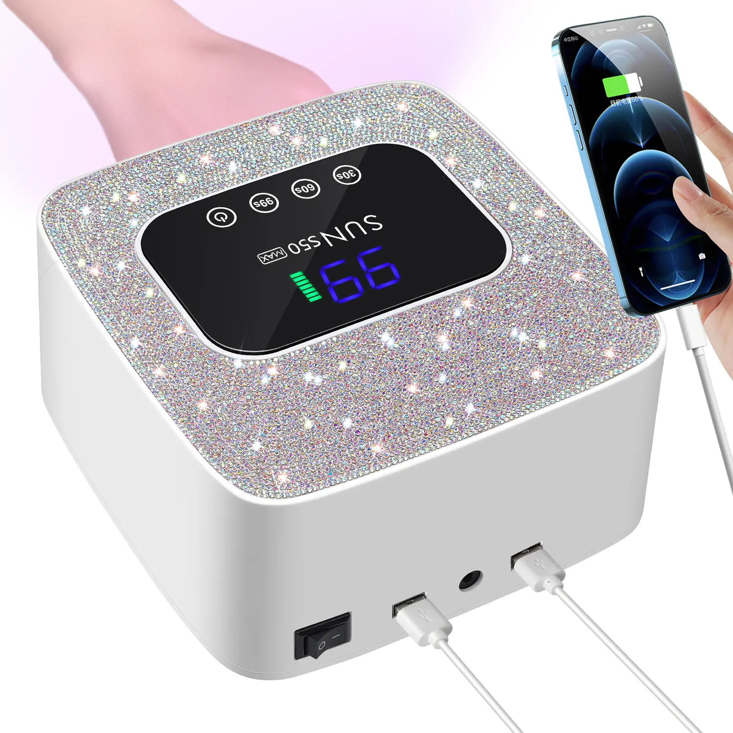 Rechargeable Cordless UV LED Nail Lamp, 57 LED Beads Professional Gel Nail Dryer with Auto Sensor & 3 Timer Settings, Fast Curing Portable UV Nail Lamp with Sparkling Rhinestone Design for All Gel Polish, Home & Salon Use