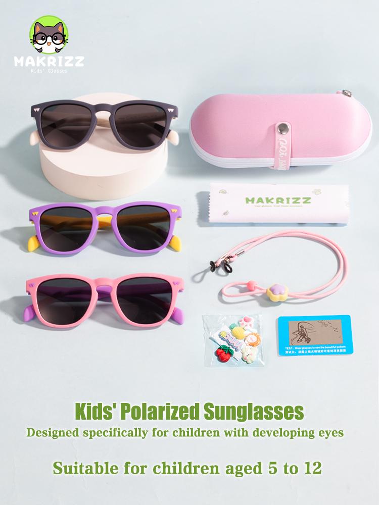 MAKRIZZ Pink Girls Polarized Sunglasses UV400, Medical-Grade Unbreakable, with Case & Strap for 5-12/KR622