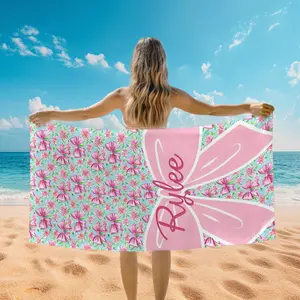 Customized Name Oversize Beach Towel - Pink Bows Design, Unisex Personalized Cozy Quick-Dry Absorbent Breathable Towel for Travel, Swimming, Ideal Gift for Her