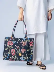 KOLBRS Twilight Flora- Floral Black Tote Bag with Colorful Floral Design and Brand Label - Elegant Simple Canvas Tote for Everyday Use 16 x 5 x 20 inches