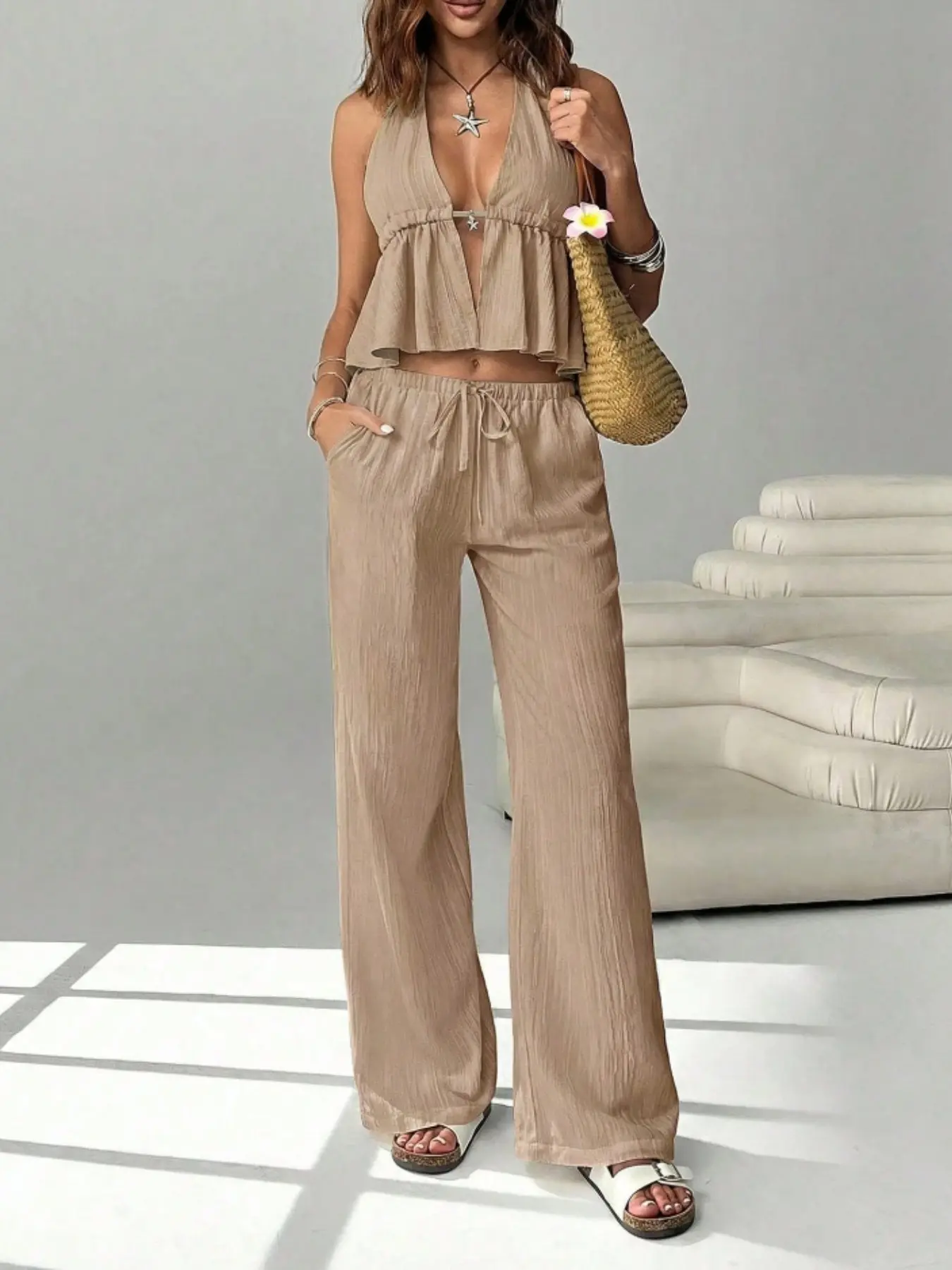 TikTok Y2K Chic Bohemian 2 Piece Outfits, Clothes for Women, Flowy Halter Neck Backless Crop Top + Drawstring Adjustable Waist Loose Wide Leg Pants Set, Boho Beach Vacation Loungewear, Casual Summer Matching Set for Resort, Date, Streetwear, Daily Wear