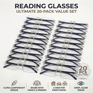 Unisex Frameless Reading Glasses Set, 20 Pairs Ultra-Light Blue Light Blocking, High-Definition Clear Vision Eyewear Value Pack