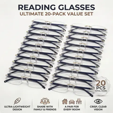 Unisex Frameless Reading Glasses Set, 20 Pairs Ultra-Light Blue Light Blocking, High-Definition Eyewear Value Pack