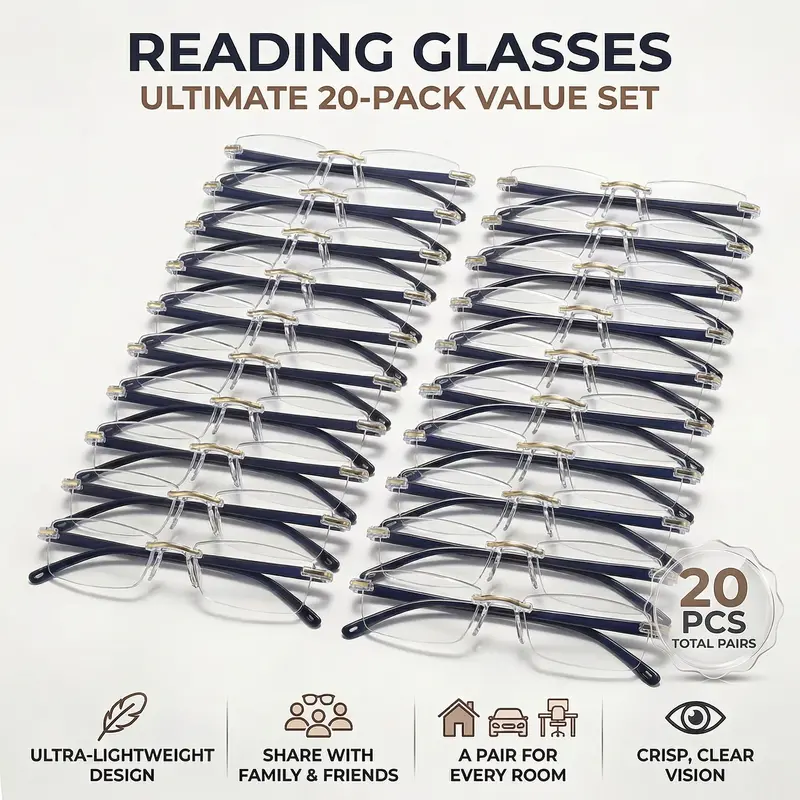 Unisex Frameless Reading Glasses Set, 20 Pairs Ultra-Light Blue Light Blocking, High-Definition Eyewear Value Pack