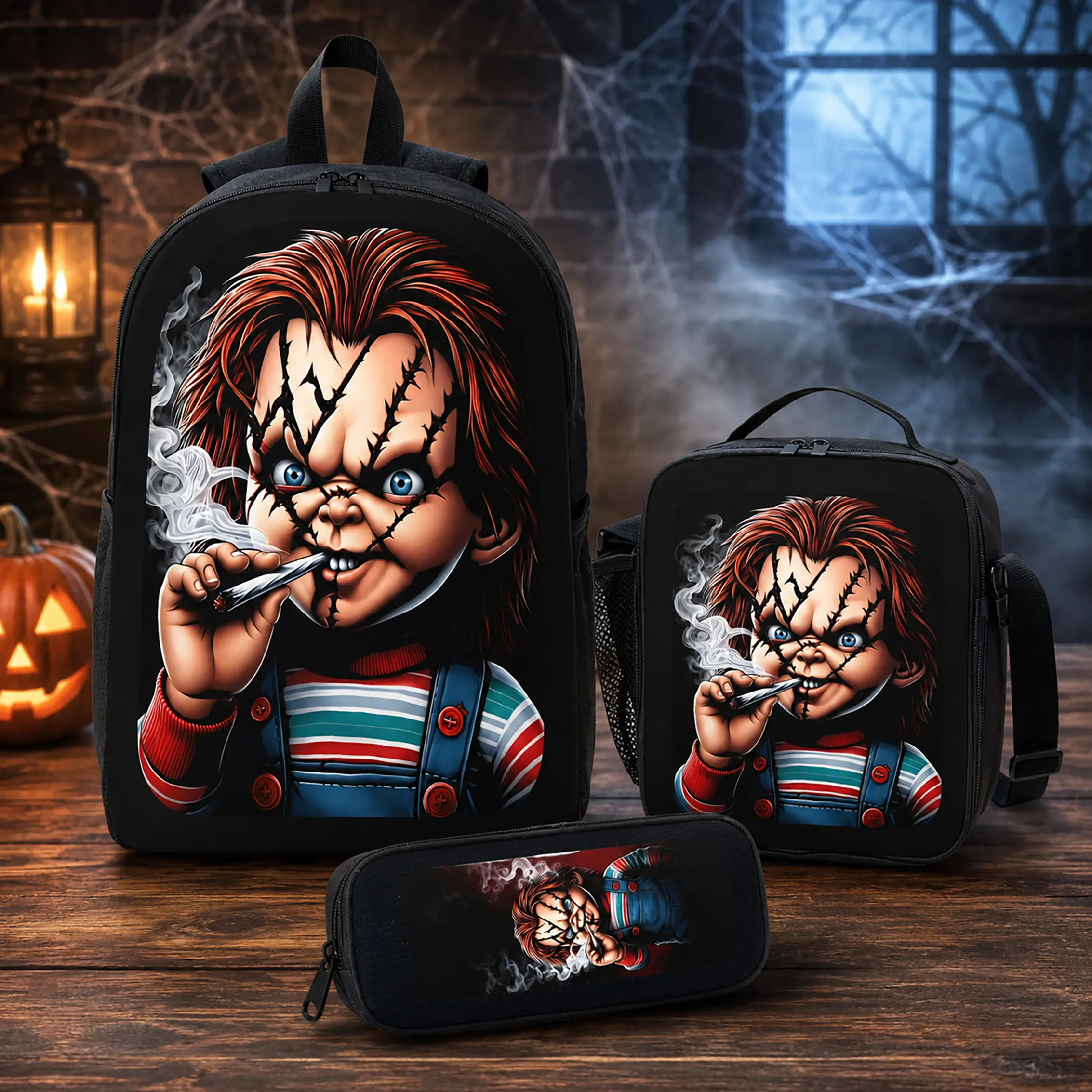 Horror Movies Backpack Set - Durable Polyester 3-Piece Backpack, Lunch Bag, Pencil Case, Large Capacity, Lightweight Travel Daypack, Back to School, Halloween for Boys, Girls, Teens, Students, Viral, Trendy