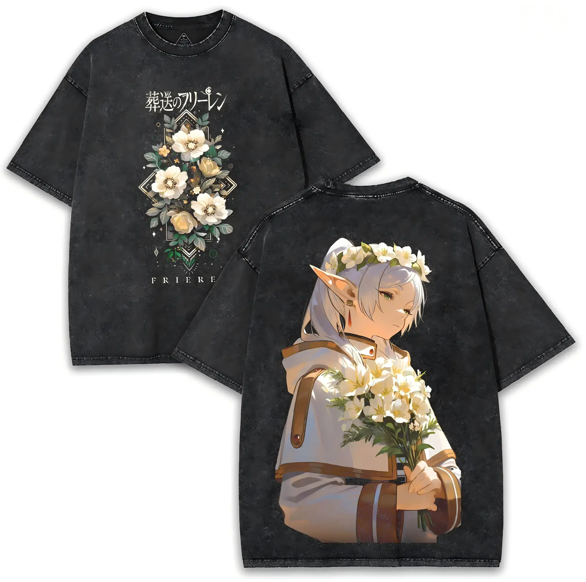 Men's Frieren Anime T-Shirt with Floral Graphic, Oversized Vintage Washed 230GSM Cotton, Round Neck Casual Streetwear Top, Tshirt, Distressed, Menswear