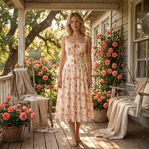 Women's Floral Corset Milkmaid Midi Sundress, 2026 Spring Summer Vacation Wear, Mother's Day Gift (Dresses for Women)