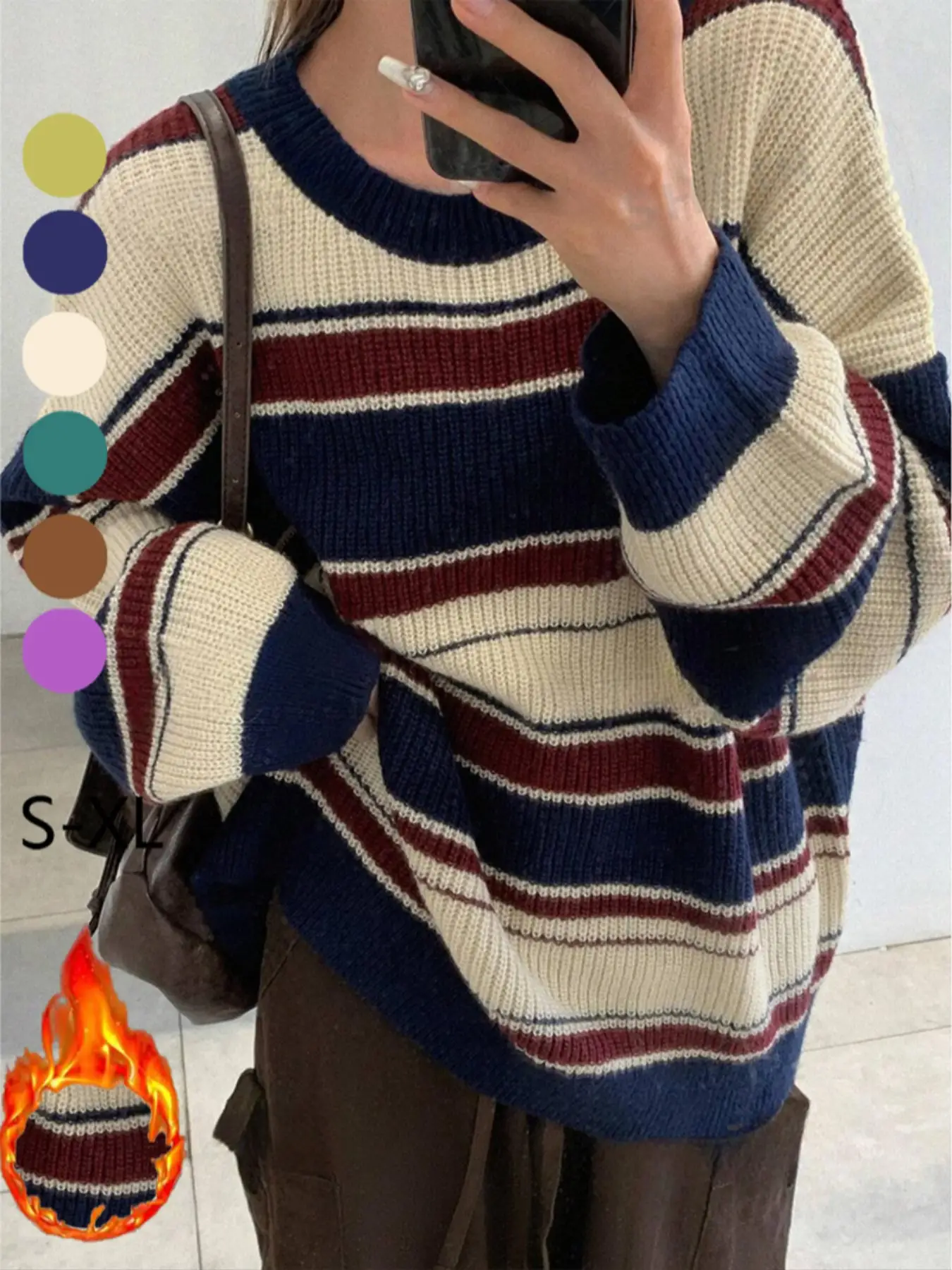Women's Colorblock Striped Print Drop Shoulder Sweater, Casual Long Sleeve Round Neck Jumper for Fall & Winter, Fashion Ladies' Knitwear for Daily Wea