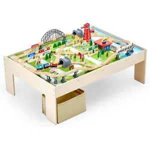 VEVOR Train Table, 120 Multicolor Pieces Wooden Kids Activity Table with Collapsible Storage Bin, 3-in-1 Wooden Train Set for Gaming, Drawing, Reading, Eating, Creative Toy Set for Kids Ages 3+