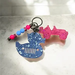 Glitter Jeep & Duck Keychain Resin Jeep Charm with Blue Duck Beaded Accent for Stylish Accessory