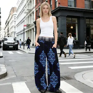 Women's Baroque Print Fake Two-Piece Pants, Ornate Vintage Medallion Graphic Wide Leg Trousers, Elastic Waist High Waisted Palazzo Pants with Belt, Artistic Summer Lounge Bottoms