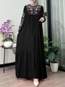 Women's Casual Long Dress, Lantern Sleeve Print Design, Loose-Fitting Woven Fabric, Long Sleeve, All Seasons, Fashionable Daily Wear