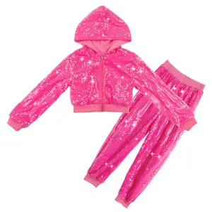 2Pcs Girls Hip Hop Dance Costume Sequin Hooded Jacket & Pants Set Kids 90s Theme Party Outfits
