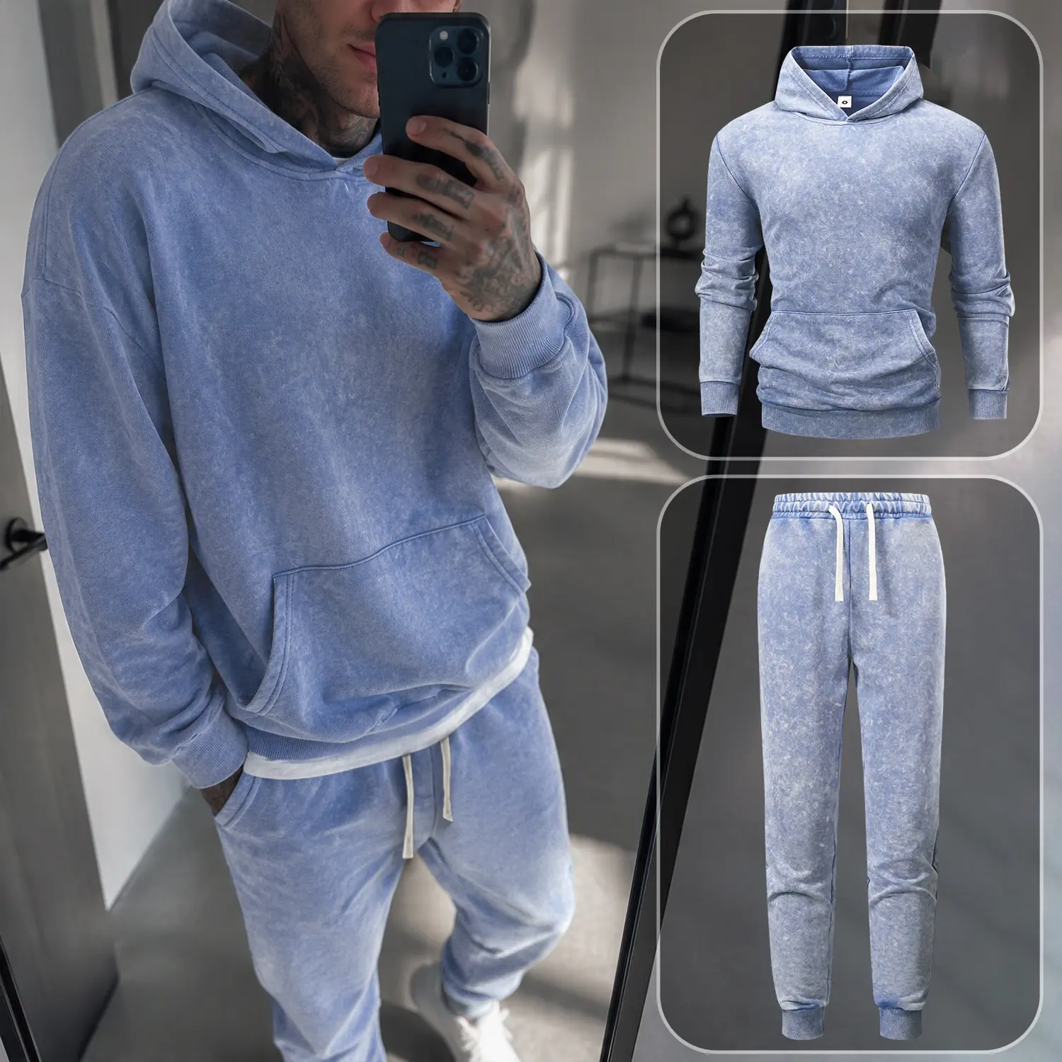 8.5 oz Cotton Blend Men's Vintage Mineral Wash Hoodie & Jogger Set, Soft French Terry 2 Piece Sweatsuit, Casual Relaxed Fit Tracksuit High Street Lounge Outfit, Gift for Boyfriend or Husband Menswear Pants Clothes Top