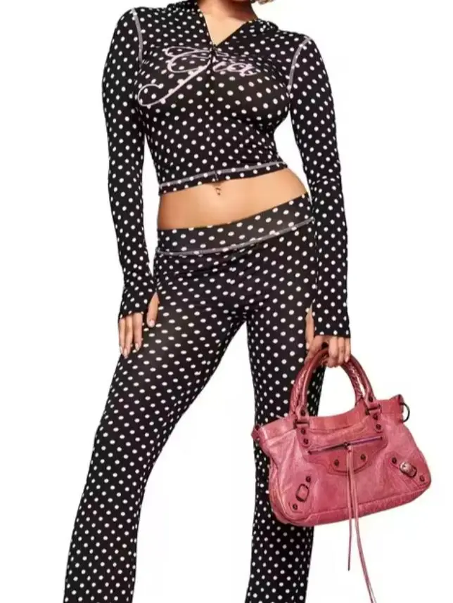 iamgia polka dot regular shoulder slim-fit letter print topstitching design slim-fit hooded zip-up short jacket and pants set
