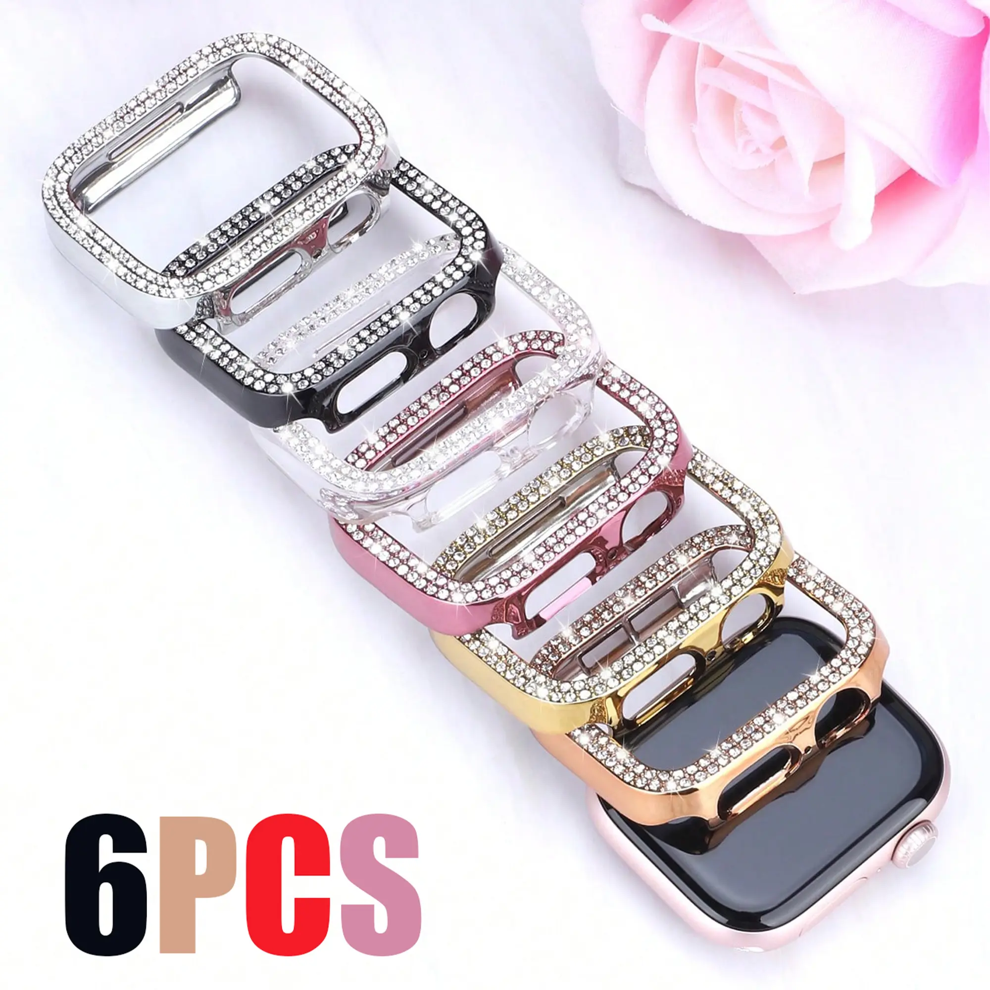 6-Pack Sparkling Rhinestone Apple Watch Cases, Smartwatch Accessories, Covers for Series 11-4 Se, Anti-Slip Scratch-Resistant, Compatible with Iwatch 46mm-40mm, No Protective Film