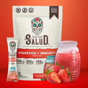 Salud 2-in-1 Hydration Packets + Immunity Electrolytes Powder, Strawberry - Fresca Agua Fresca Drink Mix, Elderberry, Dairy & Soy Free, Non-GMO, Gluten Free, Vegan, Low Calorie, 1g Sugar (15 Servings)
