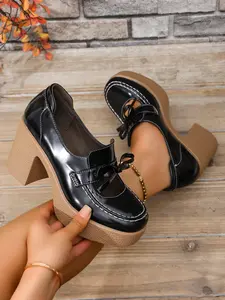 Women's Bowknot High Heel Shoes, PU Leather Upper, Rubber Sole, Plain Design, Spring & Fall Fashion Footwear