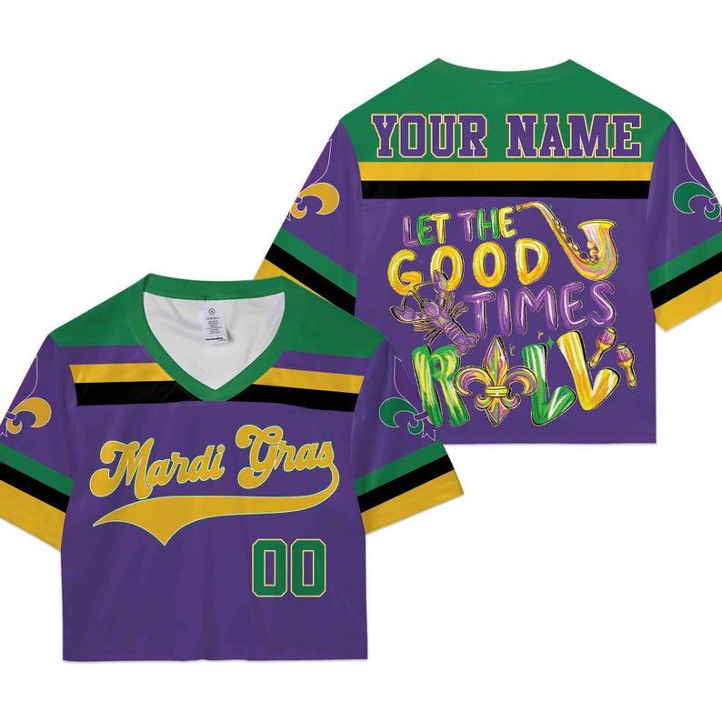 Personalized Mardi Gras Crop Top Football Jersey, Custom Name Mardi Gras Football Jersey, Jersey Uniform For Football Fans Mardi Gras Outfit