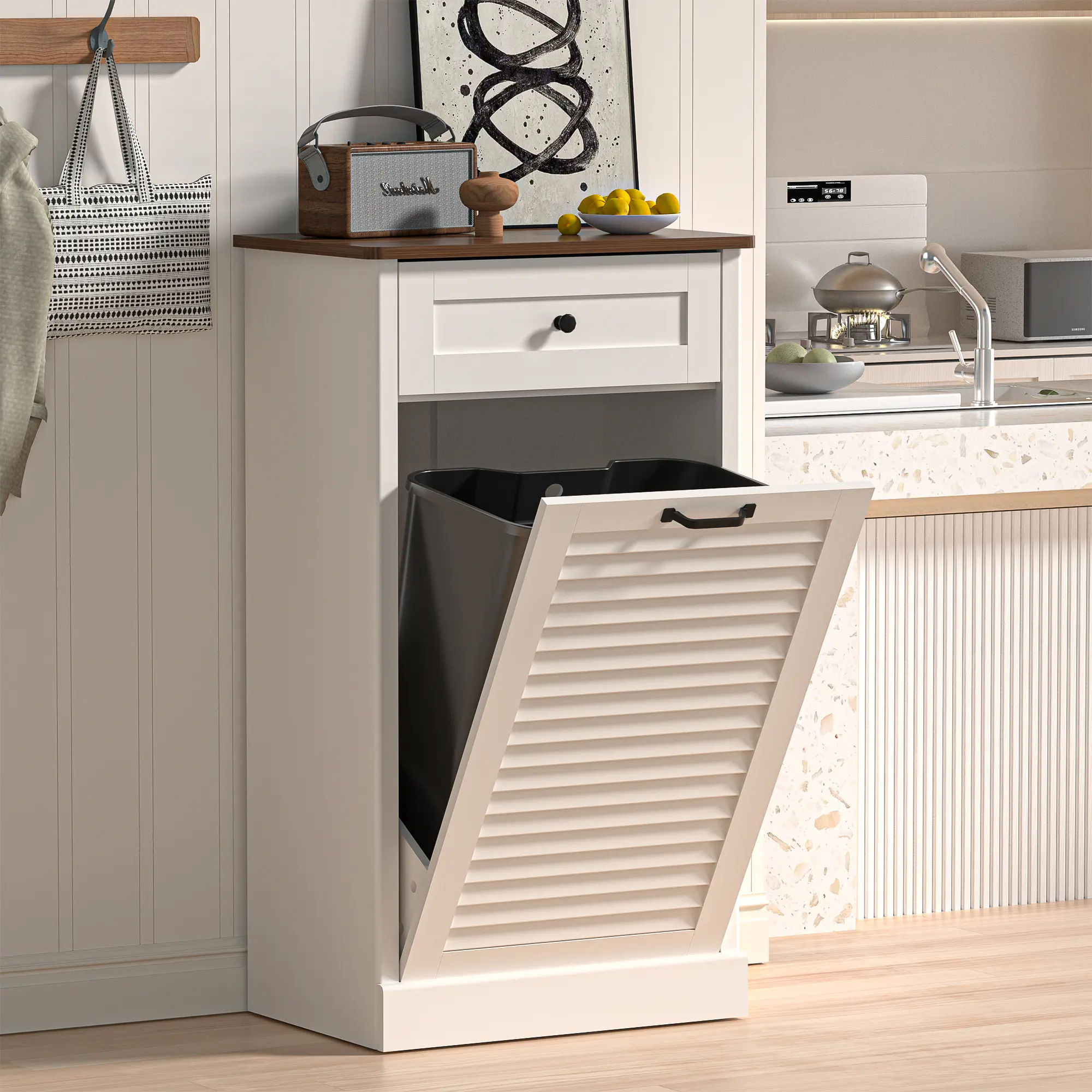 【Does Not Include Trash Can】AHB Trash Can Cabinet 13 Gallon with Laundry Hamper, Freestanding Tilt-Out Garbage Bin Storage with Louvered Doors & Hideaway Drawers, White, Kitchen Trash Bin, Home Supplies, Wood homeessentials