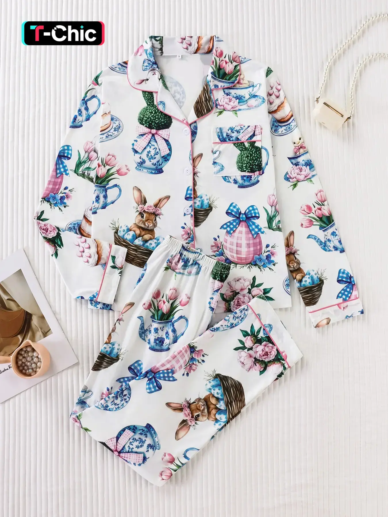 Cute Bunny Print Women's Pajama Set Loungewear, Soft Premium Fabric, Loose Fit Button-Up Long Sleeve Top and Pants, Spring & Fall Sleepwear