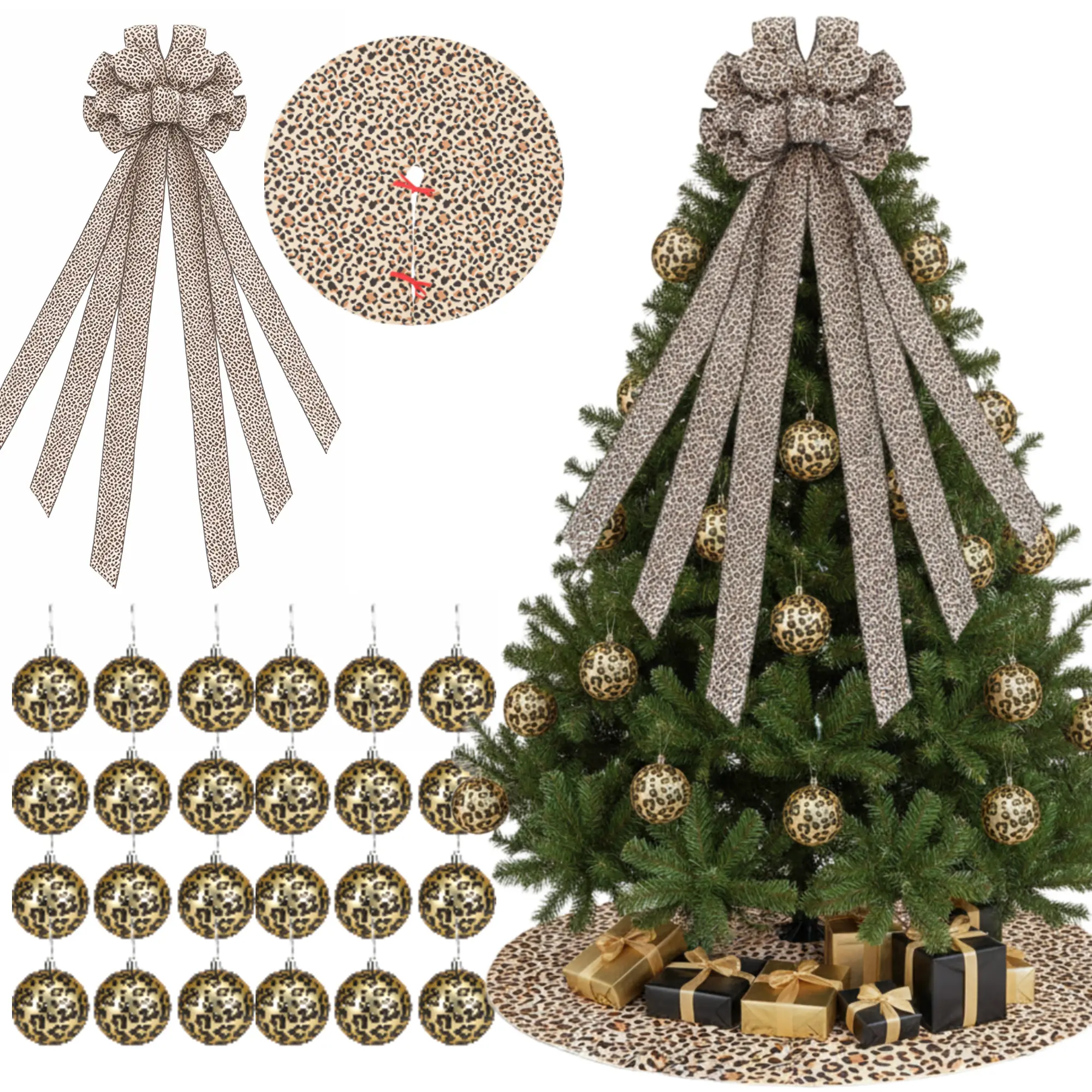 Western Leopard Print Christmas Ornaments Set  Leopard Print Christmas Balls with Bow Tree Topper, Christmas Decor with Leopard Tree Skirt Western Decor  for Xmas Tree Farmhouse Country Holiday Party Home Decor Christmas Gifts