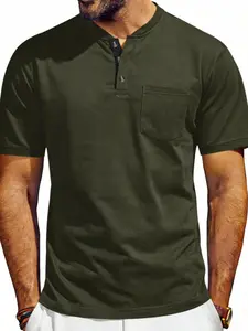 Men's Short Sleeve T-Shirt Henry Neck Button Design, Summer Small Plaid Fabric Pocket Top, Casual Trendy European and American Style