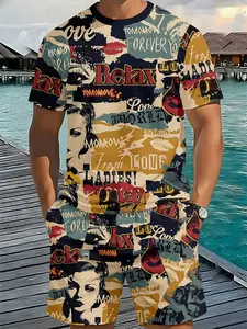 Vintage graffiti all-over print 3D digital printing two-piece set, 2Pcs, trendy fashion set, trendy vintage casual two-piece set, vacation-style trendy outfit, breathable sporty casual style, a perfect holiday gift for men, Fitted