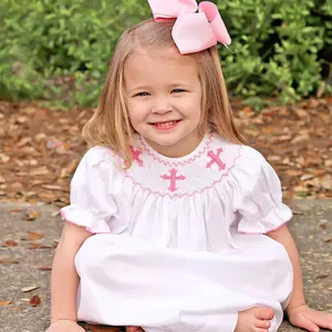 Pink Cross Smocked White Bishop Dress - Sweet for Easter or Christening