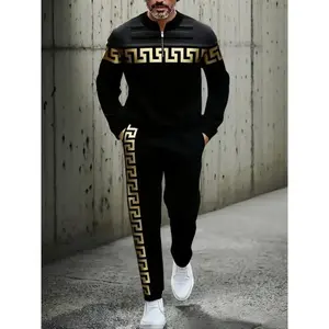 2025 Fashion New High-Quality Polyester Men's Long-Sleeved Sportswear Set 3D Printed Pattern Anti-Wrinkle Easy Care Half-Collared Top European American Style Fitness Outdoor Leisure Golf Tennis