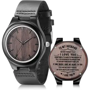 Engraved Wooden Watches for Men - Customized Wood Wrist Watches for Husband Boyfriend Dad Son