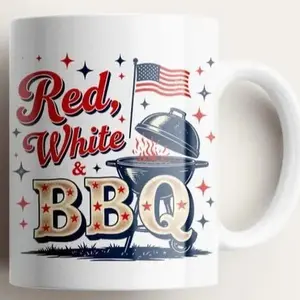Coffee Cup - Red White & BBQ Design with American Flag Theme and Grill Graphic