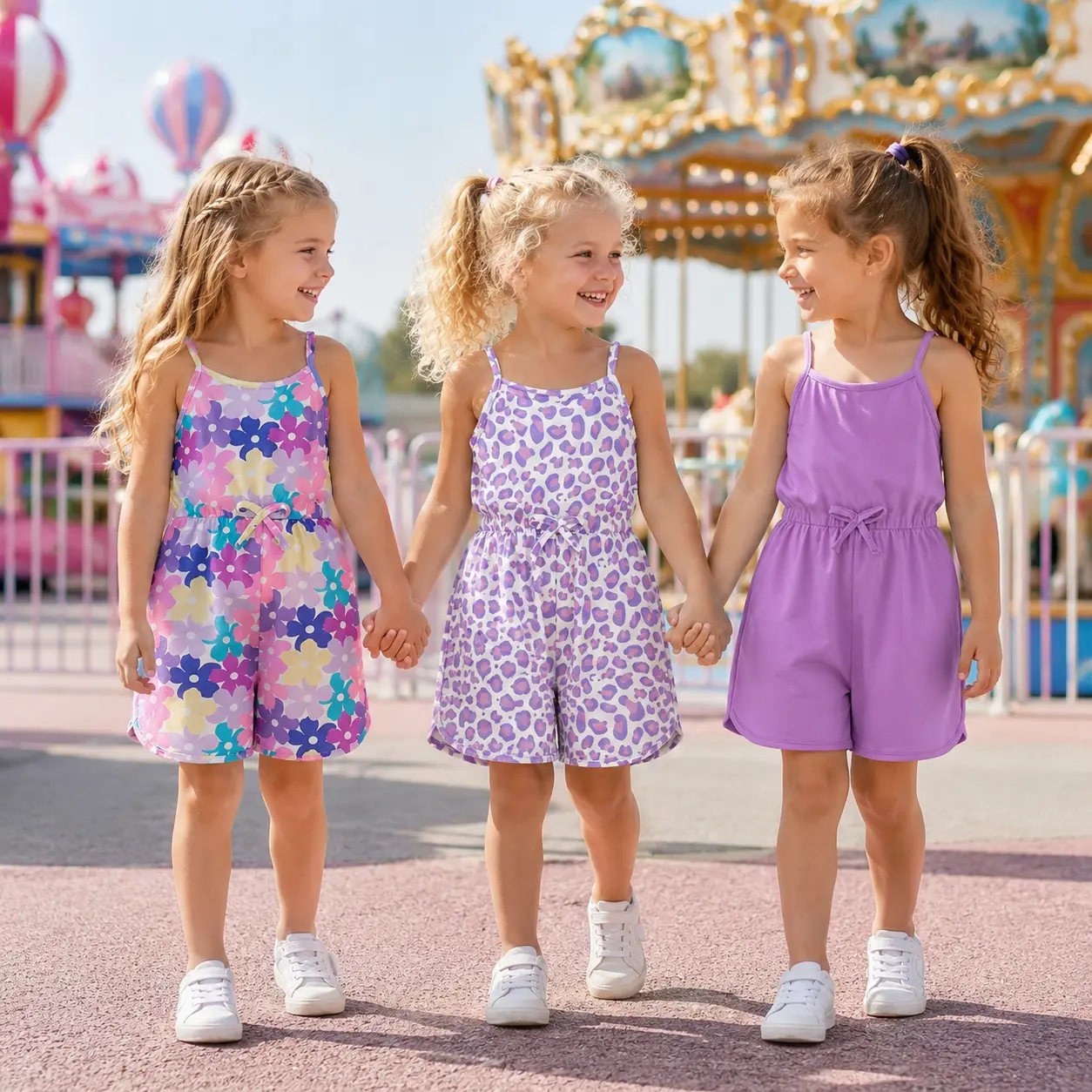 Girls 3-Piece Summer Romper Set | Purple Floral, Leopard & Solid Jumpsuit Pack | Sleeveless Spaghetti Strap One-Piece Shorts 4-7Y