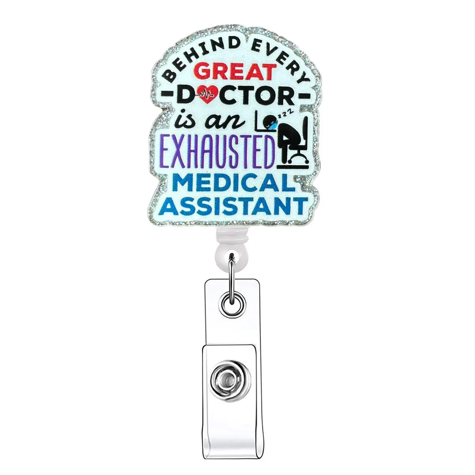 Funny Exhausted Medical Assistant Themed Retractable Nursing Badge Reel, 1 Count Acrylic Id Holder with Clip,  Identification Badges & Supplies for Nurses, Doctors, Students & Office Staff, Badge Reels Retractable, Id Badge Holders Retractable