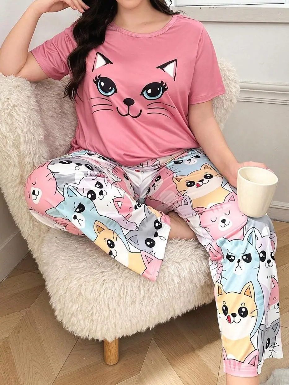 Plus Size Cute Cat Print Short Sleeve Pajama Set, Comfortable Lounge Sleepwear
