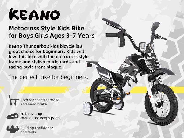 KEANO Motocross Style Kids Bike for Boys Girls Ages 3-7 Years, 12 & 16 Inch Bikes with Training Wheels and Number Plate, Children Bicycles