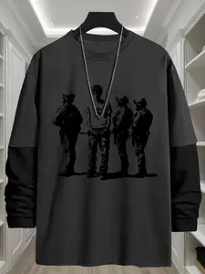 Men's Criminal Print Long Sleeve T-Shirt, Polyester Fabric, Round Neck, Loose Fit, Casual Street Style, All Seasons Wear
