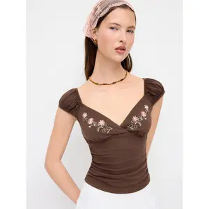 Cider Cotton-blend V-Neck Floral Embroidery Ruched Puff Sleeve Top