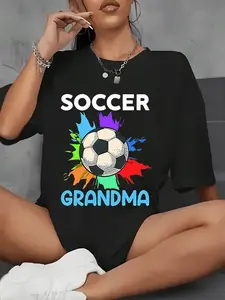 Women's Football Grandma Pattern Printed T-Shirt - Sports Casual Crew Neck Top, Color Splash Ink Design, Medium Elastic Fabric, Machine Washable, Suitable for Life and Family Sports Activities, Football Fan Clothing, Bright Pattern, Invisible Material