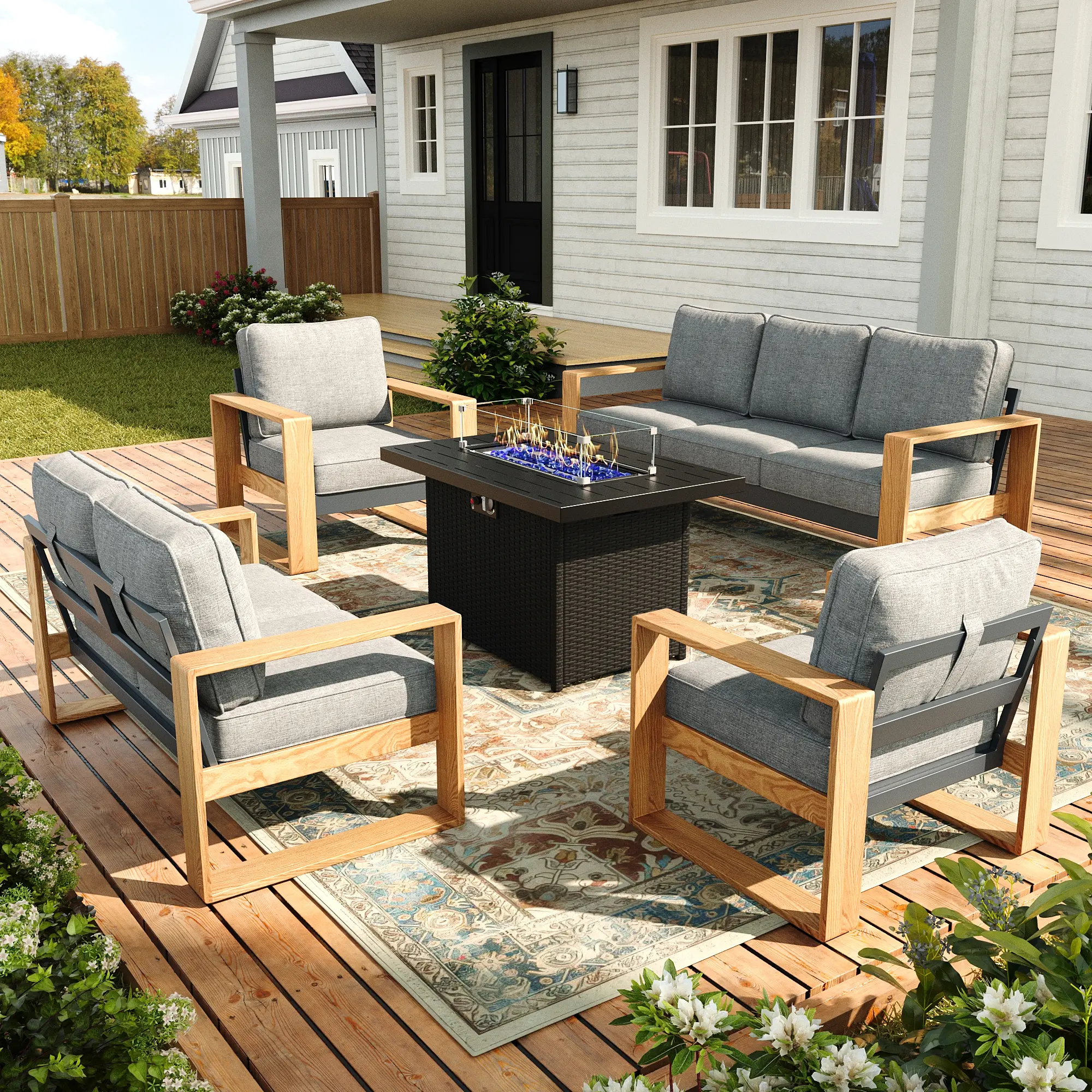 【3/4/5 Packages Shipping】Oversized Aluminum Outdoor Patio Furniture Set, Modern Sectional Conversation Sets with 44 inchs Fire Pit Table, Wide Seat and Thick Cushions