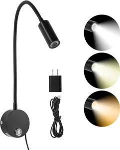 Reading Light for Bed, Wall Mounted Reading Lights with 15" Flexible Gooseneck, Touch Control, 3 Colors Temperature and Stepless Dimmable, Plug in Headboard Bedside Light(1 Pack)