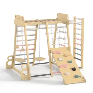 BlueWood Indoor Jungle Gym for Kids 2+, Montessori Playset with Swings, Climbing Ladders, Rock Wall, Slide, and Monkey Bars – Safari Land Series Baby Gym for Home, Sensory Play, Motor Skills & STEAM Learning Toys Set, Morandi Color Toys Set