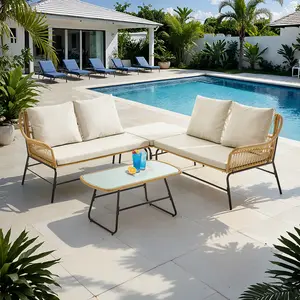 ONBRILL 4-Piece Outdoor Sectional Set, 4-Seats Wicker Patio Couch Sets with Cushion and Tempered Glass Coffee Table, L-Shaped, Olefin Fabric, Waterproof & UV Resistant, Beige