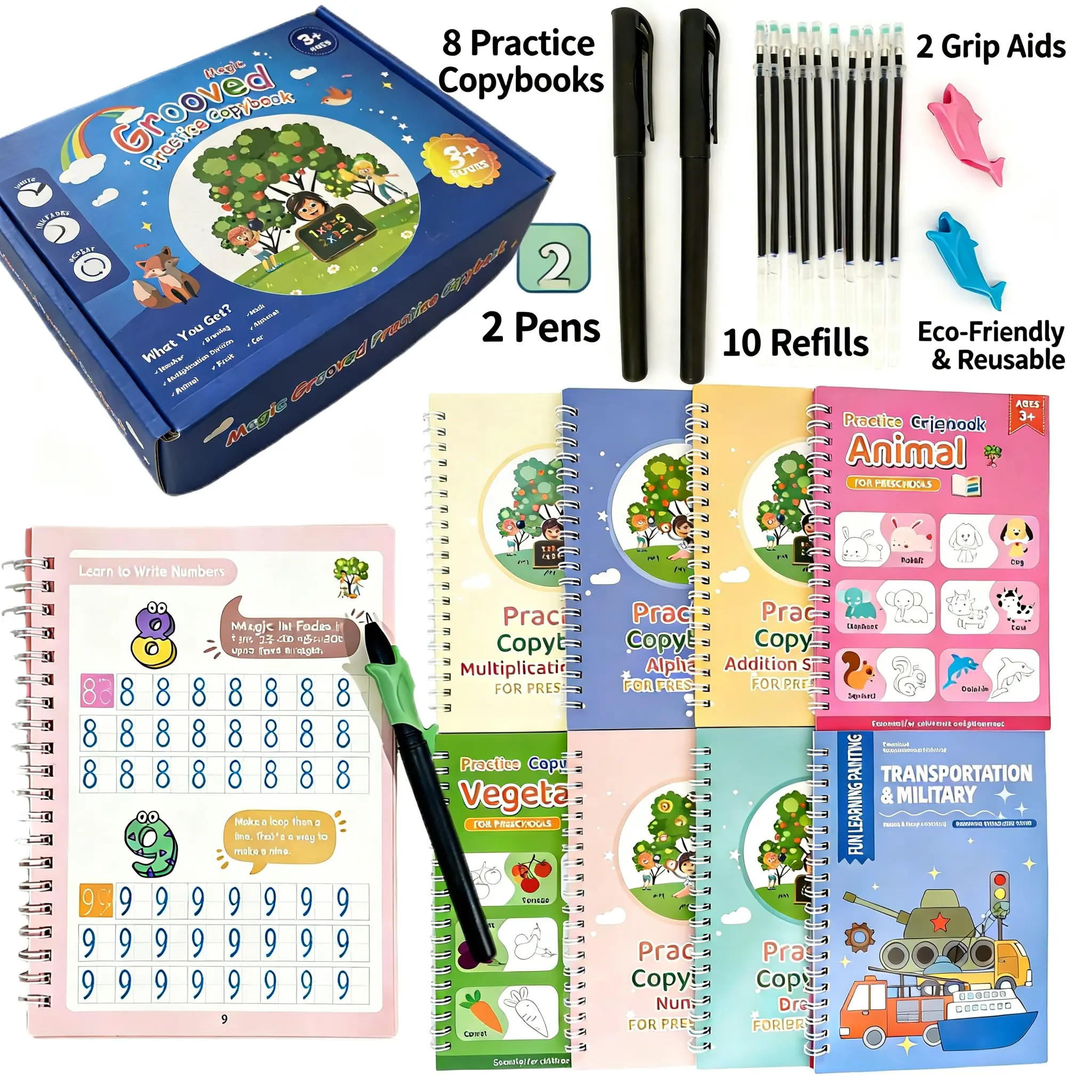 Magic Reusable Grooved Practice Copybook Set - 8 Books, 2 Pens, 10 Pen Refills, 2 Pencil Grips, Erasable Pages, Groove Handwriting Aid for 3+ Years Preschoolers, Back to School, Early Learning Kit (Numbers, Animals, Painting Tracing)